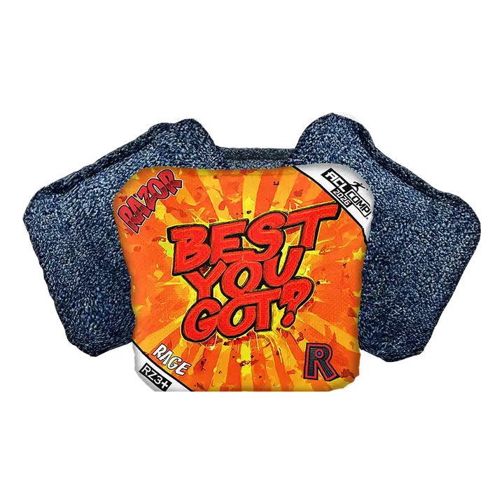 Cornhole Bag with 'Best You Got?' text on an orange background