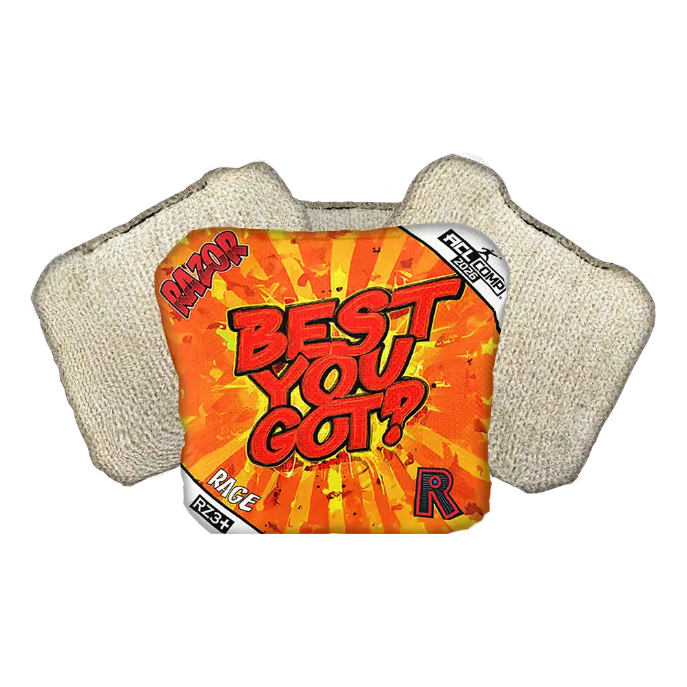 Cornhole Bag with 'Best You Got?' text on an orange background