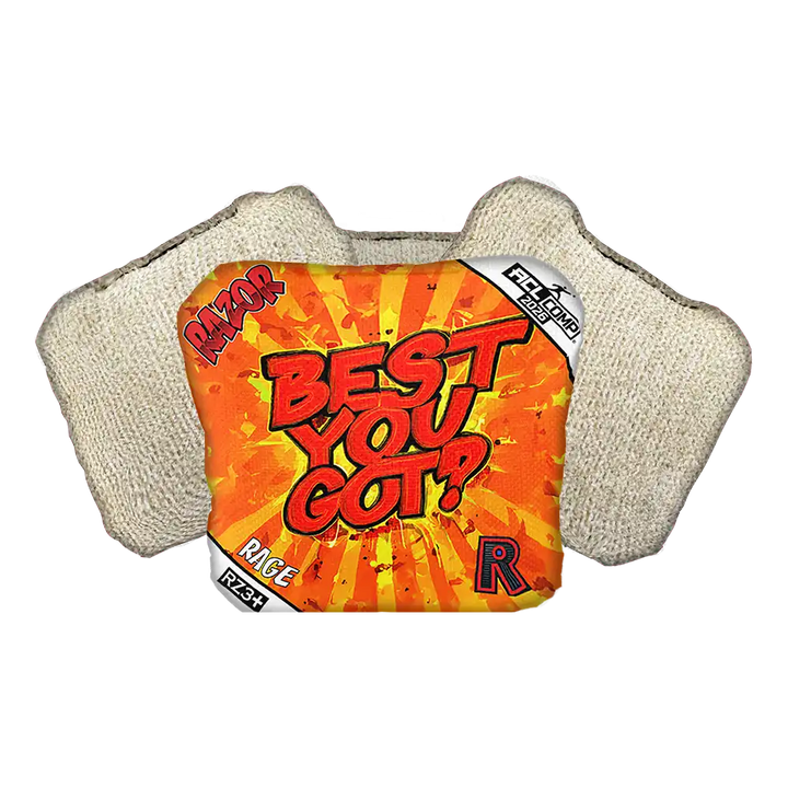 Cornhole Bag with 'Best You Got?' text on an orange background
