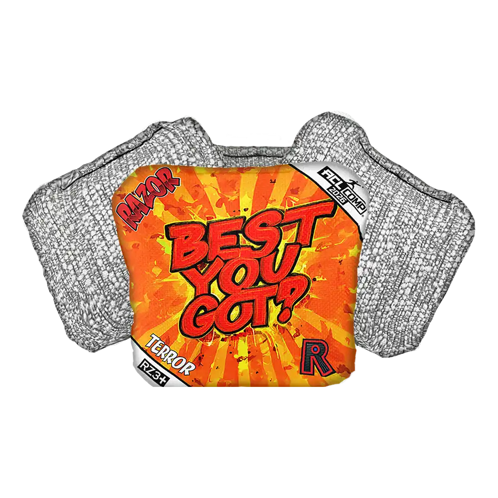 Cornhole Bag with 'Best You Got?' text on an orange background