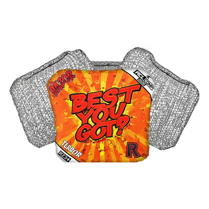 Cornhole Bag with 'Best You Got?' text on an orange background