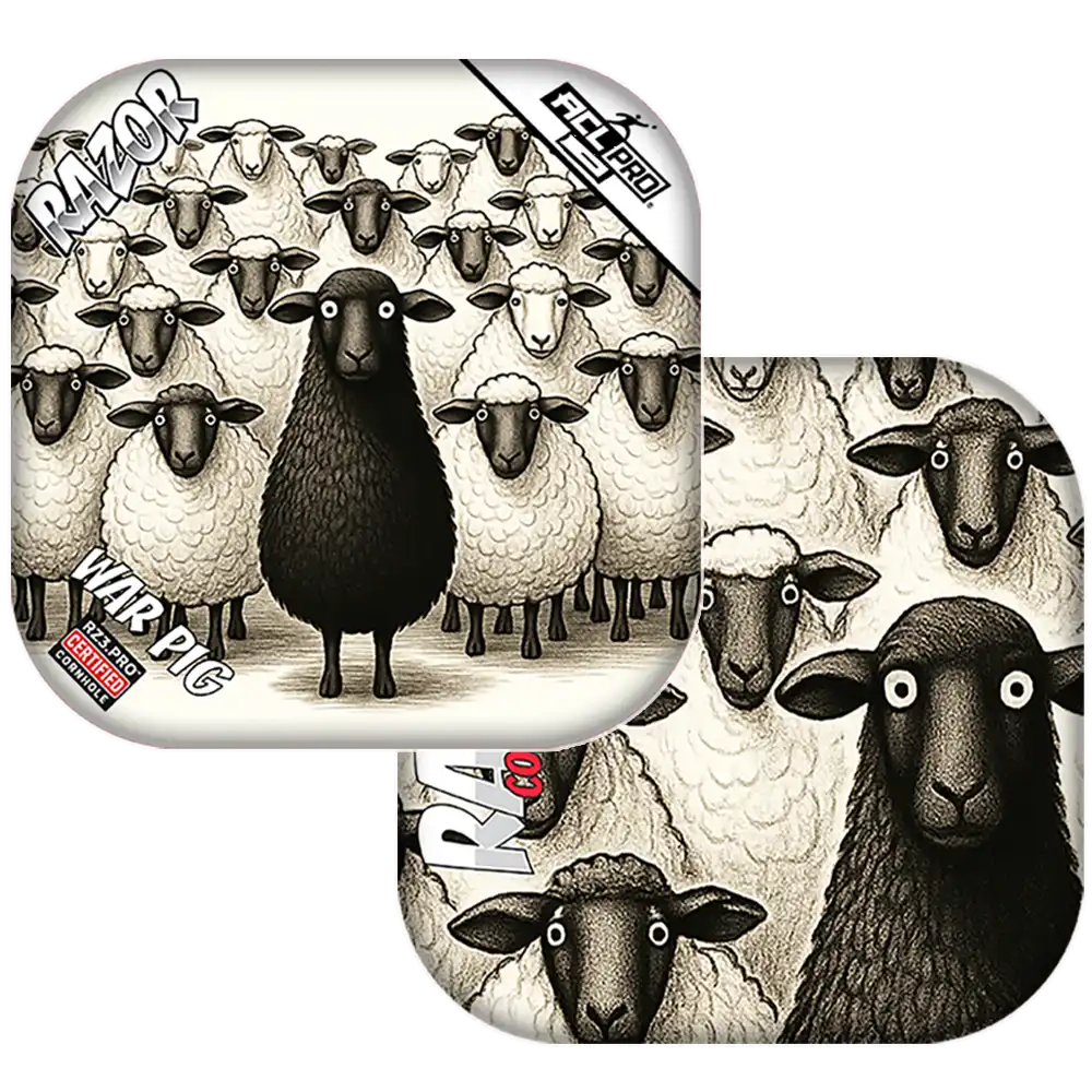 Cornhole bags with black sheep among white sheep and 'War Pig' branding.