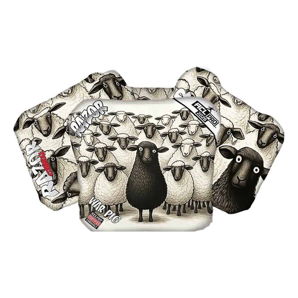 Cornhole bags with black and white sheep design on a white background
