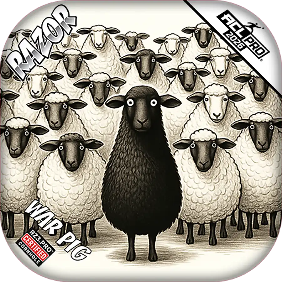 Cornhole bags with an Illustration of a black sheep among white sheep with 'RAZOR' branding.