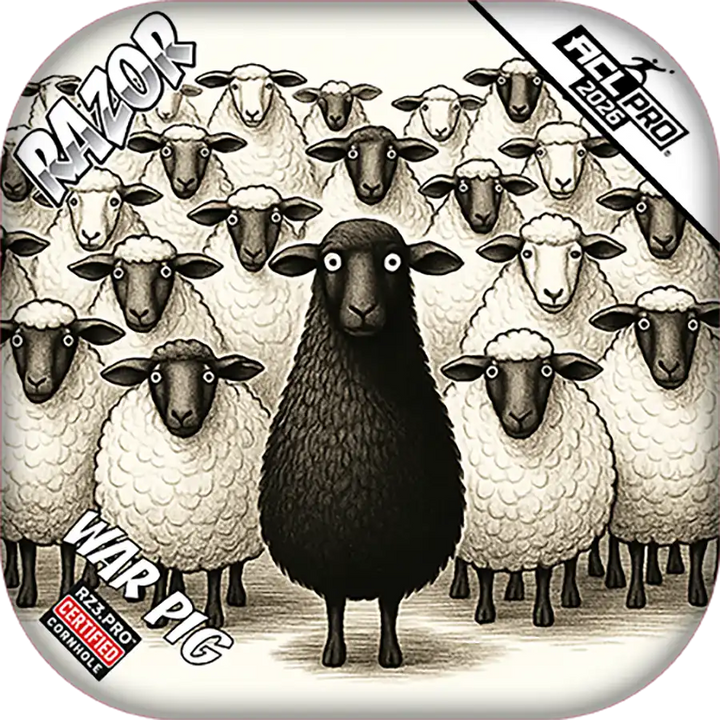 Cornhole bags with an Illustration of a black sheep among white sheep with 'RAZOR' branding.