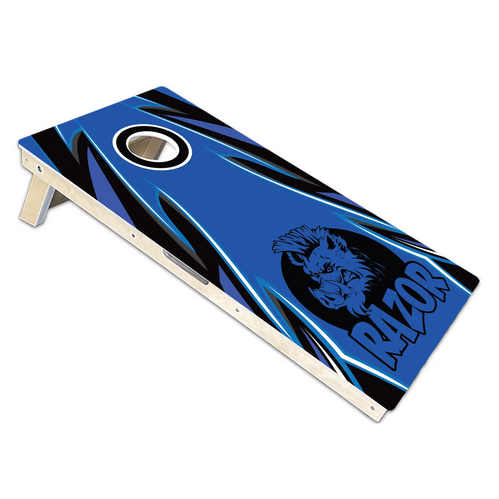 Cornhole board with blue and black design featuring a logo and text on a white background