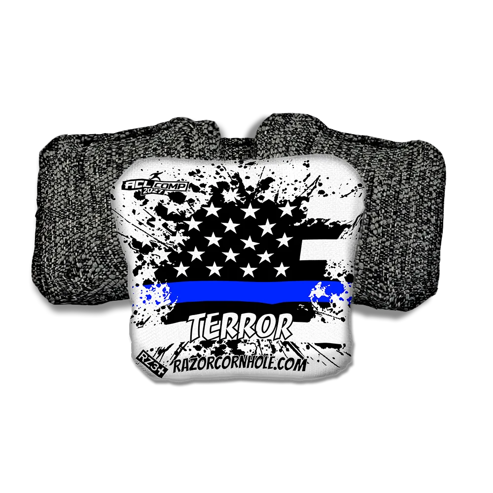 Terror COMP Blue Line Flag Black Back Cornhole Bags