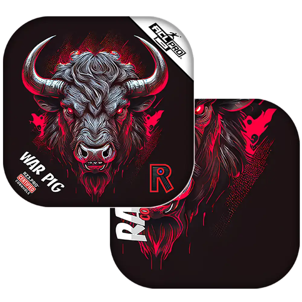 Cornhole bags with a stylized buffalo design and branding on a black background