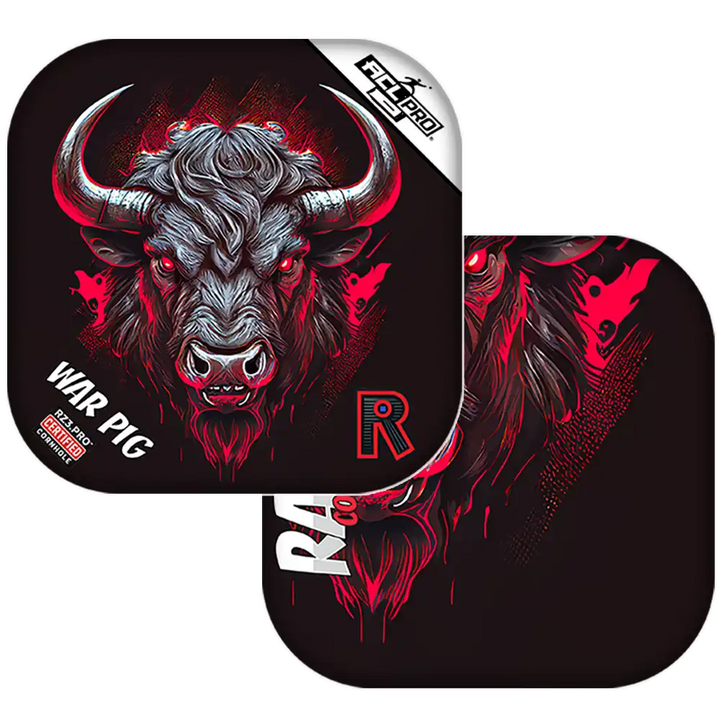 Cornhole bags with a stylized buffalo design and branding on a black background