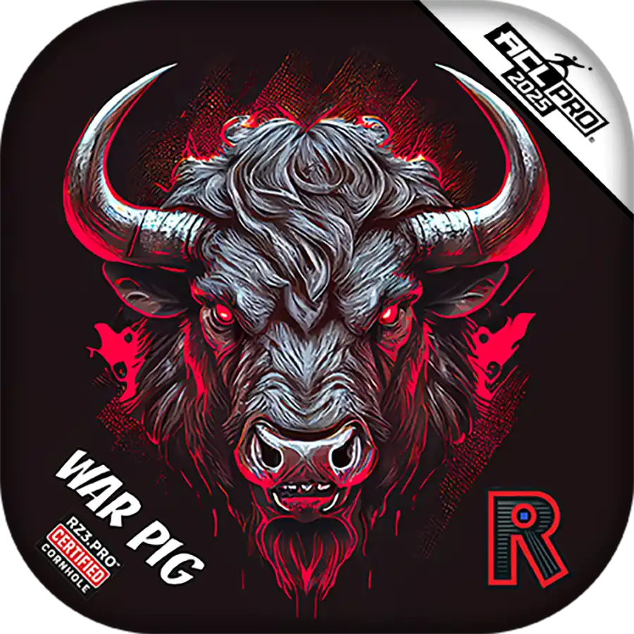 Cornhole bags with Illustration of a buffalo with red eyes and horns on a black background