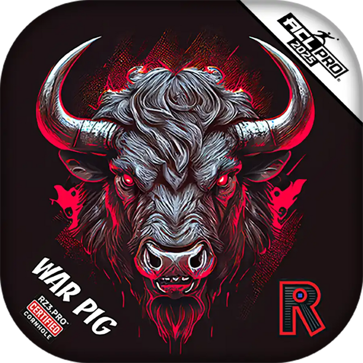 Cornhole bags with Illustration of a buffalo with red eyes and horns on a black background