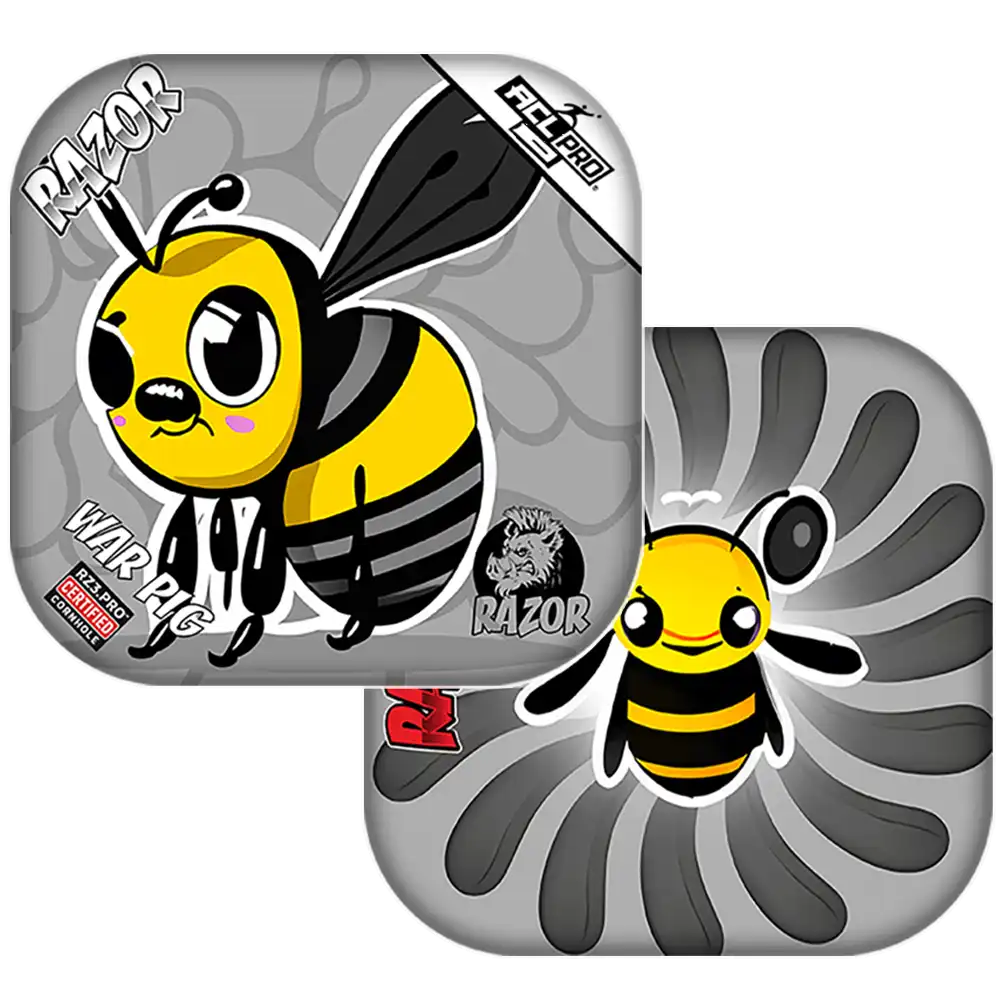 Cornhole bags with cartoon bee character on a gray background