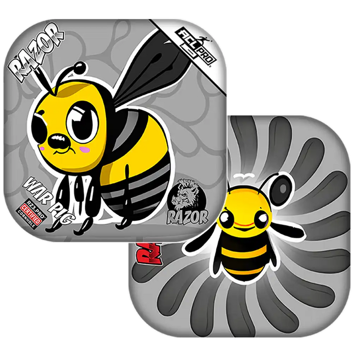 Cornhole bags with cartoon bee character on a gray background