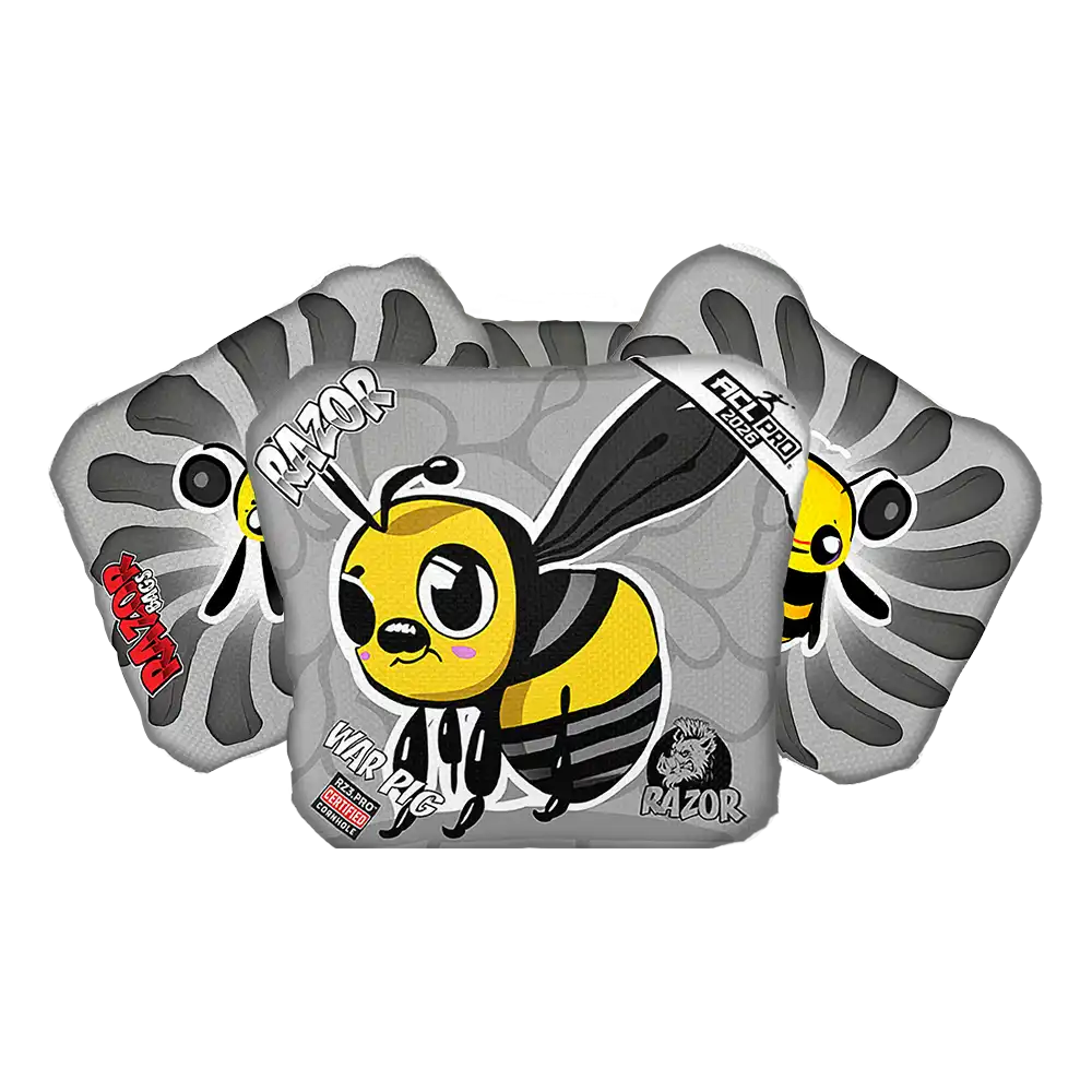 Gray Cornhole bags with cartoon bee design and 'Razor' branding on a white background