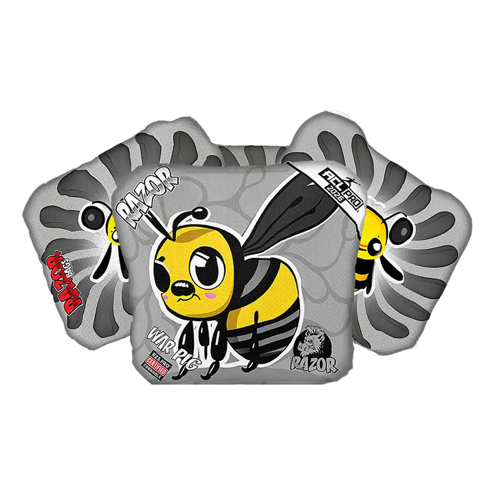 Gray Cornhole bags with cartoon bee design and 'Razor' branding on a white background