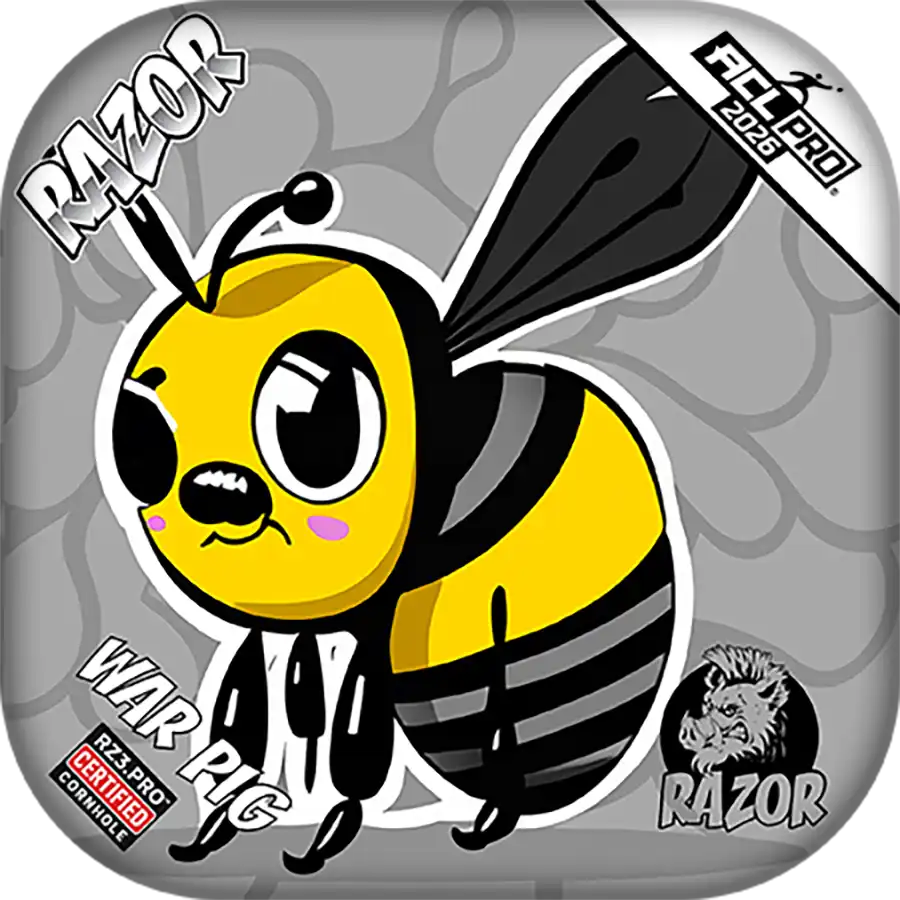 Cornhole bags with cartoon bee character on a gray background with Razor branding
