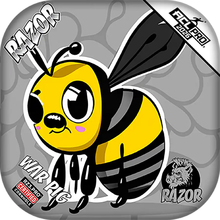 Cornhole bags with cartoon bee character on a gray background with Razor branding