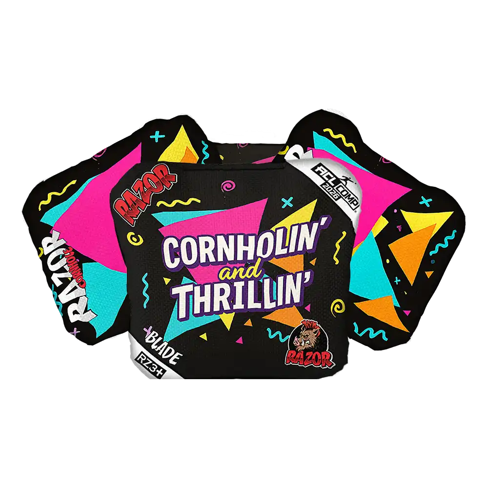 Colorful cornhole bag with 'Cornholin and Thrillin' text on a white background