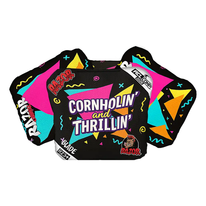Colorful cornhole bag with 'Cornholin and Thrillin' text on a white background