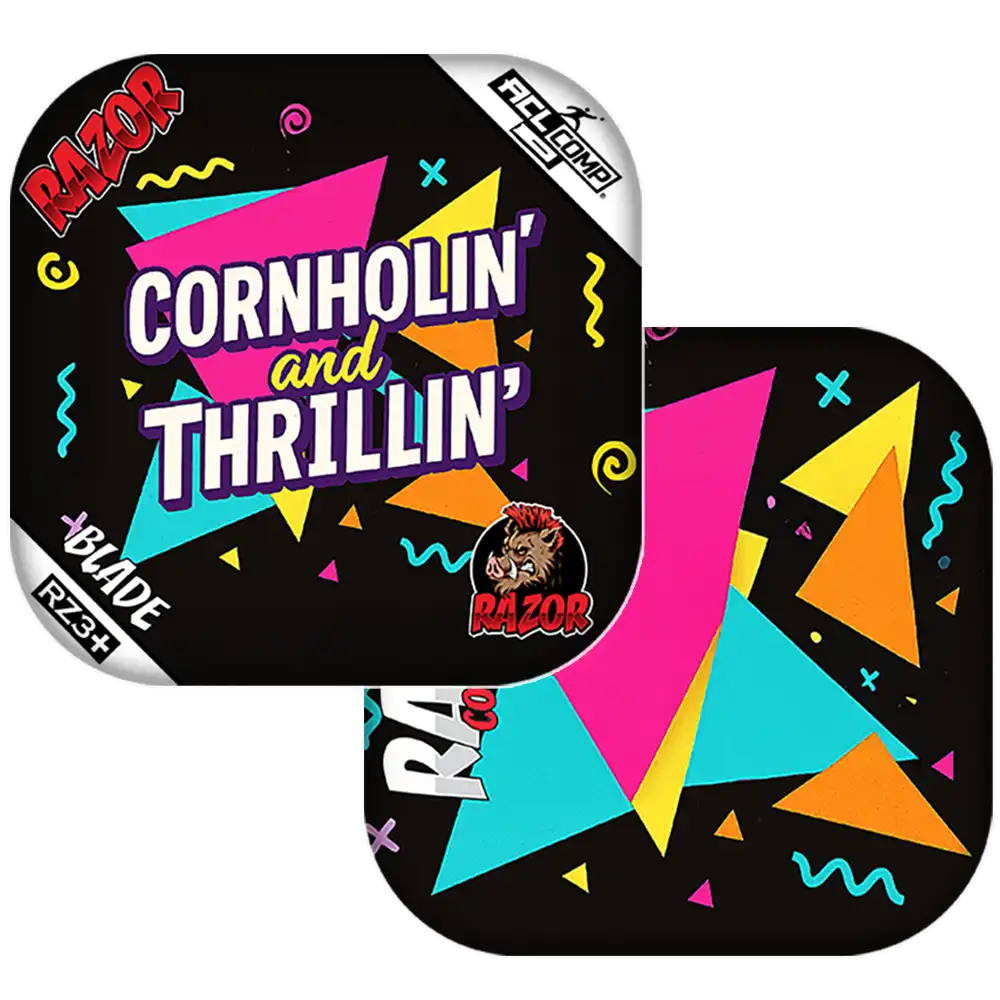 Cornhole bags with colorful geometric design and 'Razor' branding on a white background
