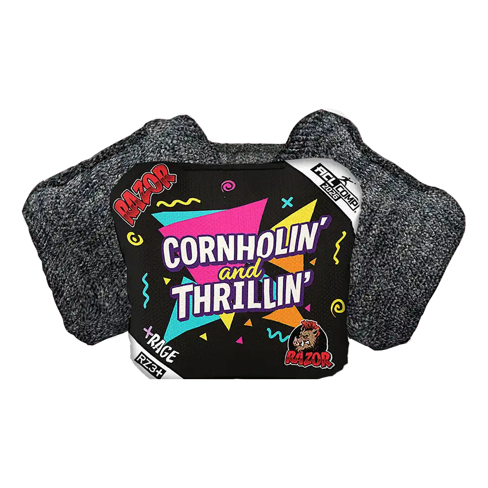 Cornhole bags with colorful design and text on a white background