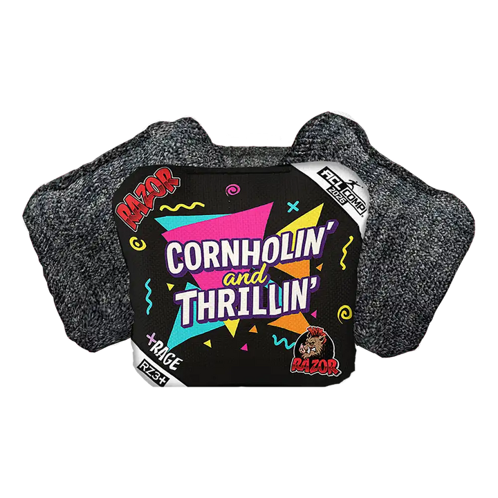 Cornhole bags with colorful design and text on a white background