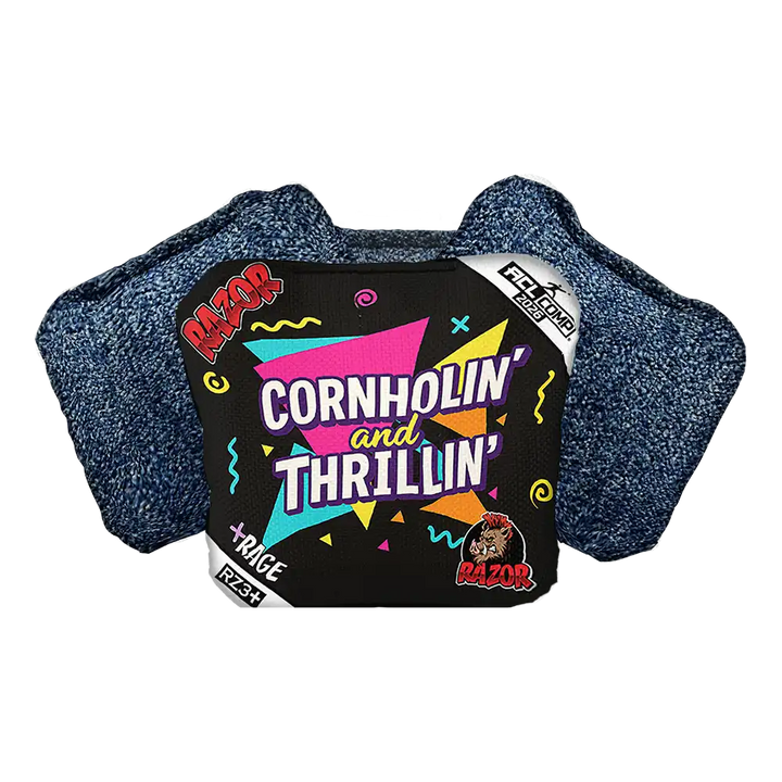 Cornhole bag with colorful design and text on a white background