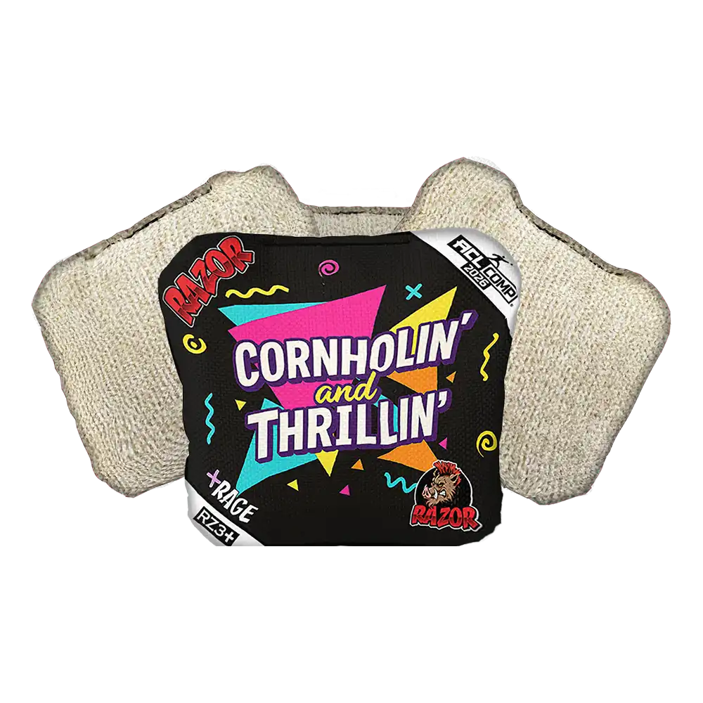 Cornhole bag with colorful design and text on a white background