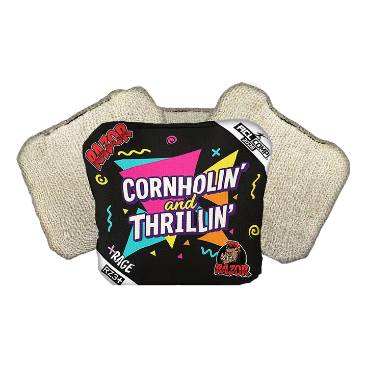 Cornhole bag with colorful design and text on a white background