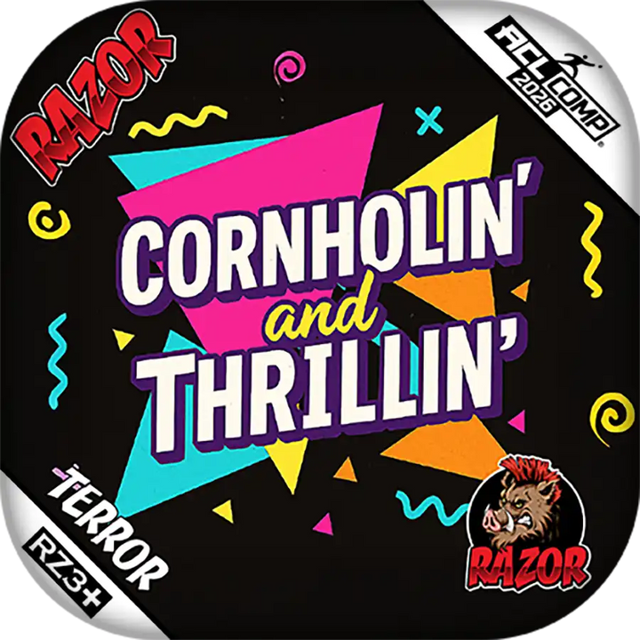 cornhole bag with colorful text and graphics, featuring the brand 'Razor'.