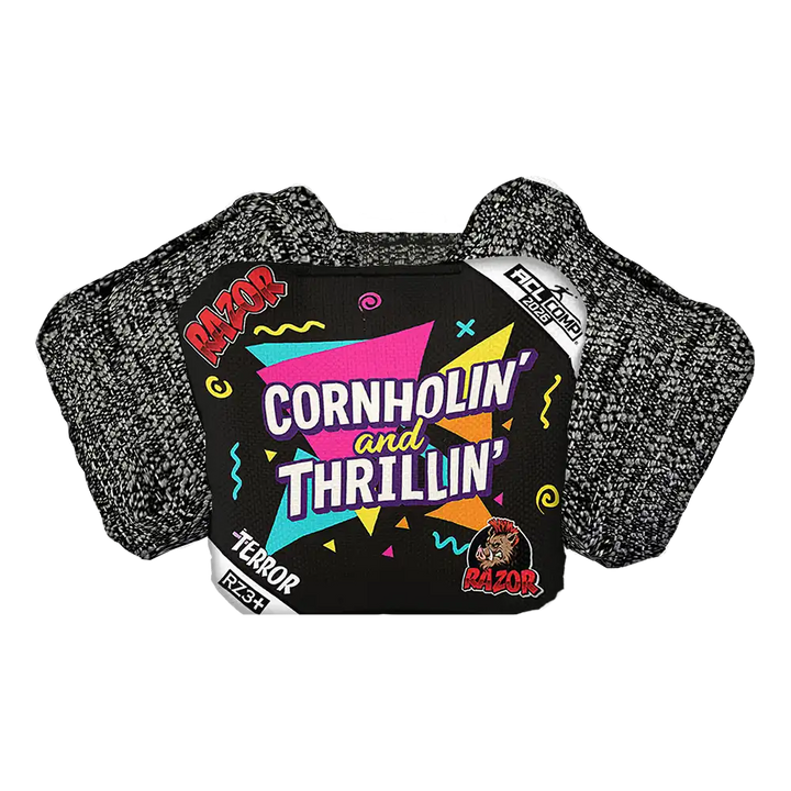 Cornhole bag with colorful design and text on a white background