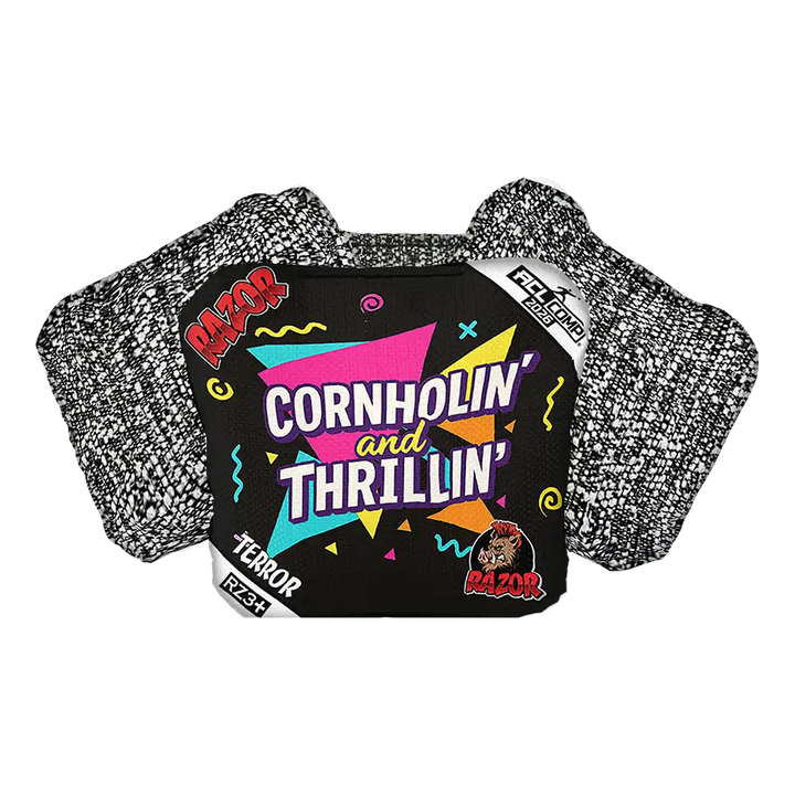 Cornhole bag with colorful design and text on a white background