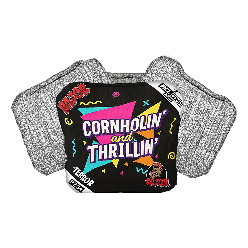 Cornhole bag with colorful design and text on a white background