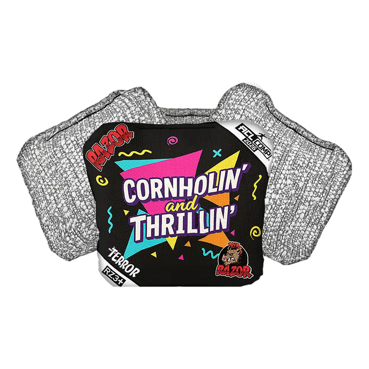 Cornhole bag with colorful design and text on a white background