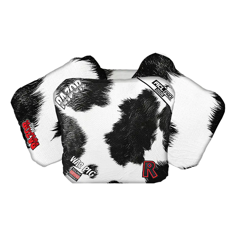 Cow print Cornhole bags with various logos on a white background