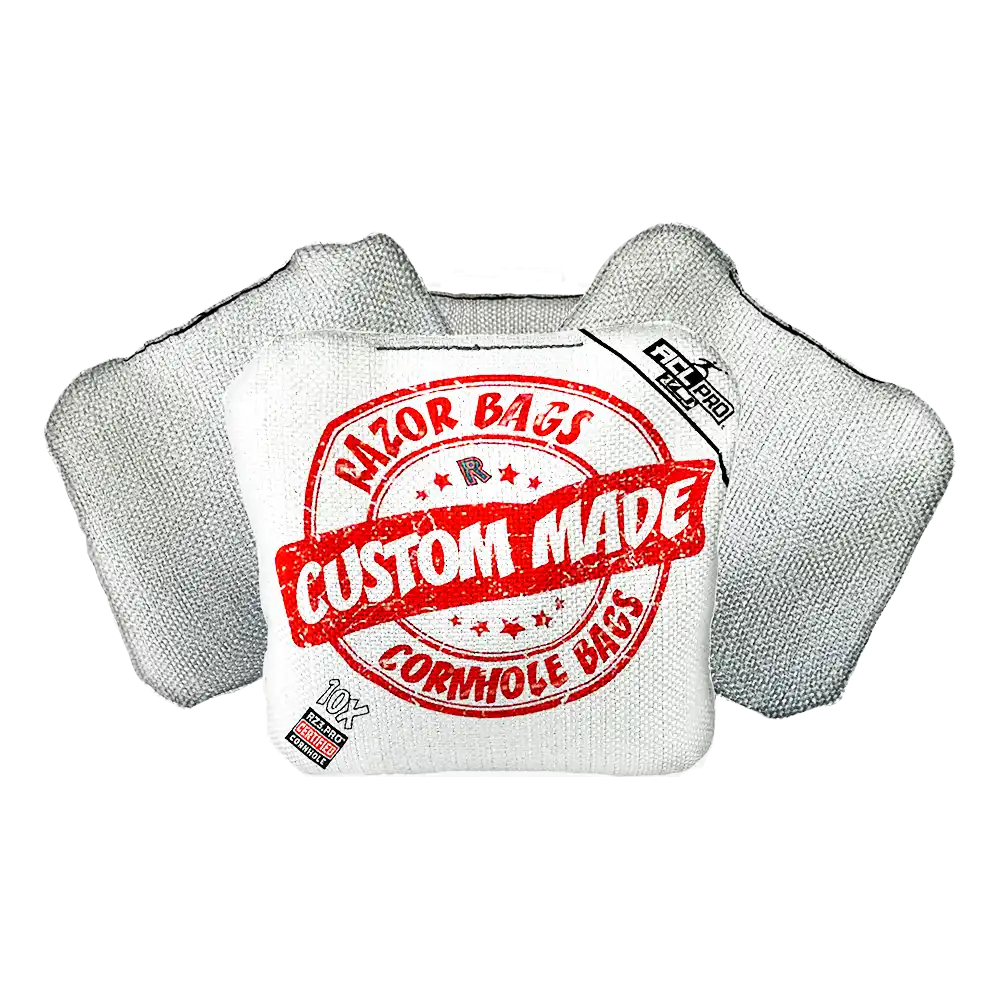Cornhole bags with 'Razor Bags' branding on a white background