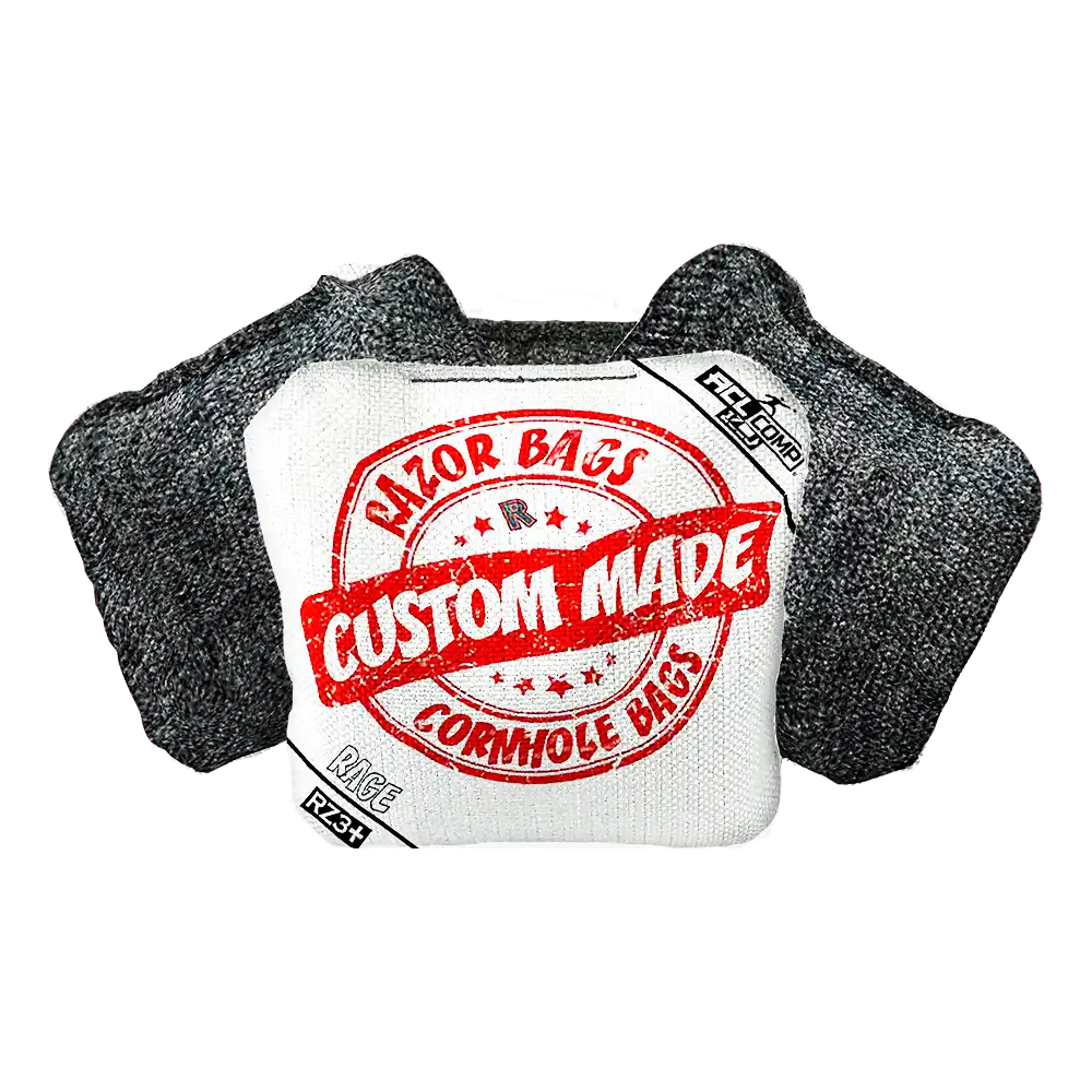 Two cornhole bags with 'Razor Bags' branding on a white background