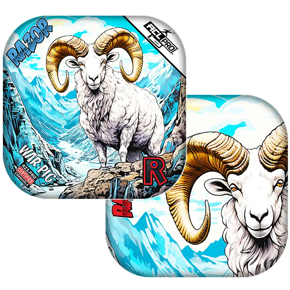 Cornhole bags featuring a ram with mountain and blue sky background.