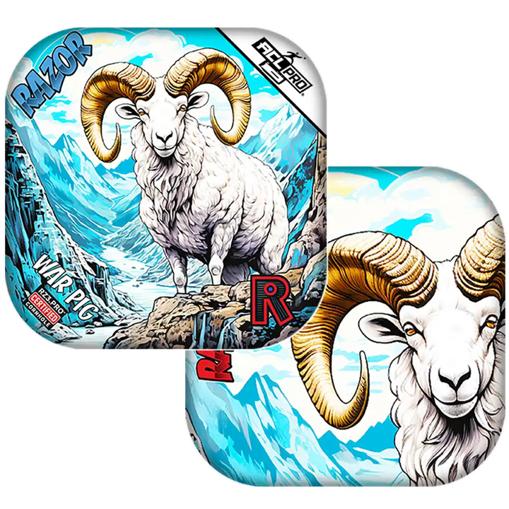Cornhole bags featuring a ram with mountain and blue sky background.