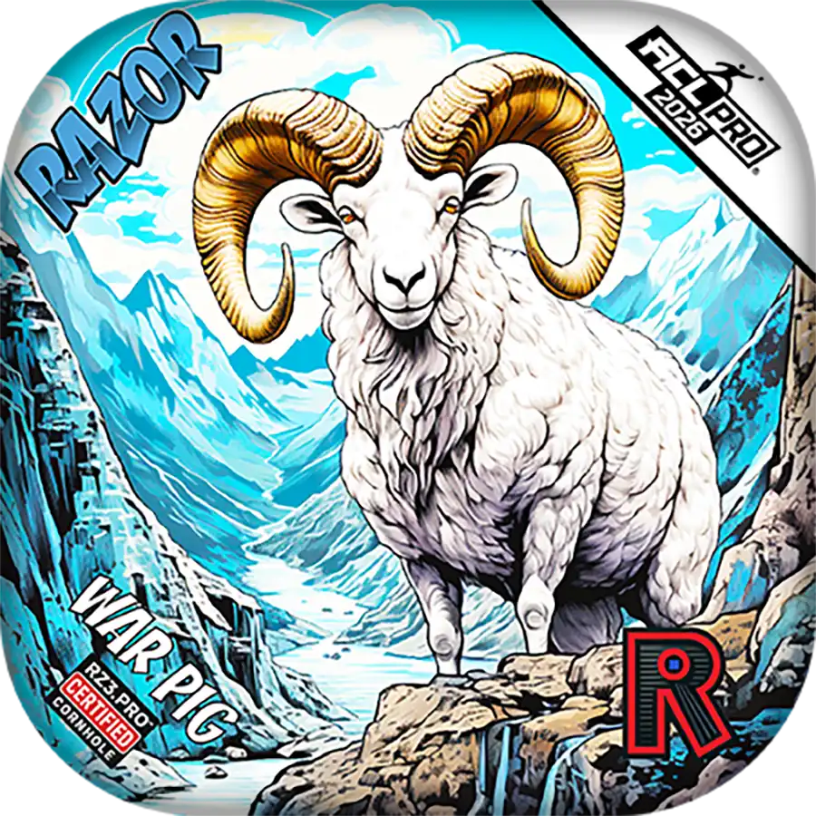 Cornhole bags with a ram design on a mountainous background