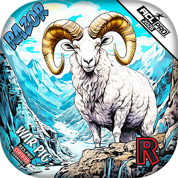 Cornhole bags with a ram design on a mountainous background