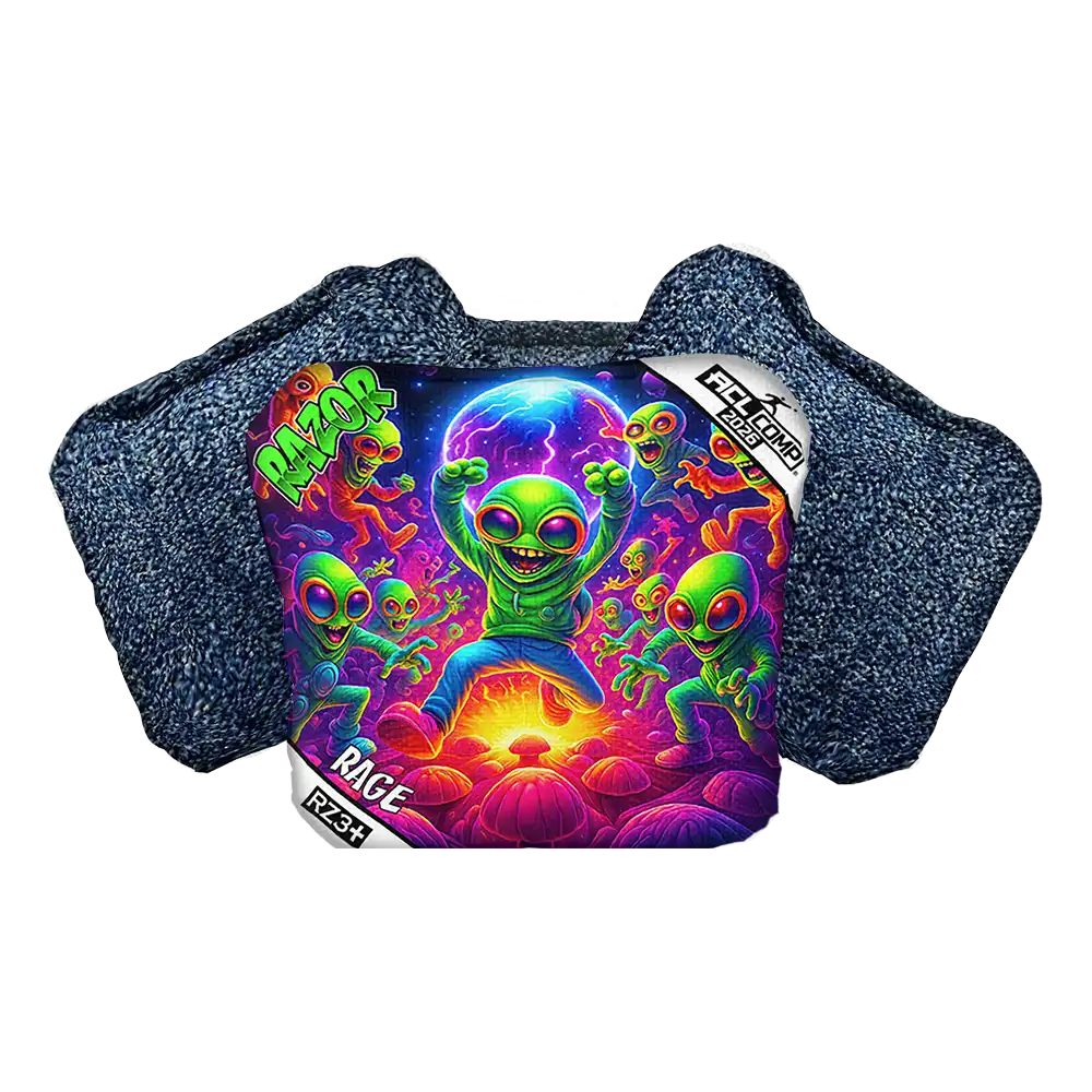 Colorful alien design on a cornhole bag packaging with 'RAZOR' branding.