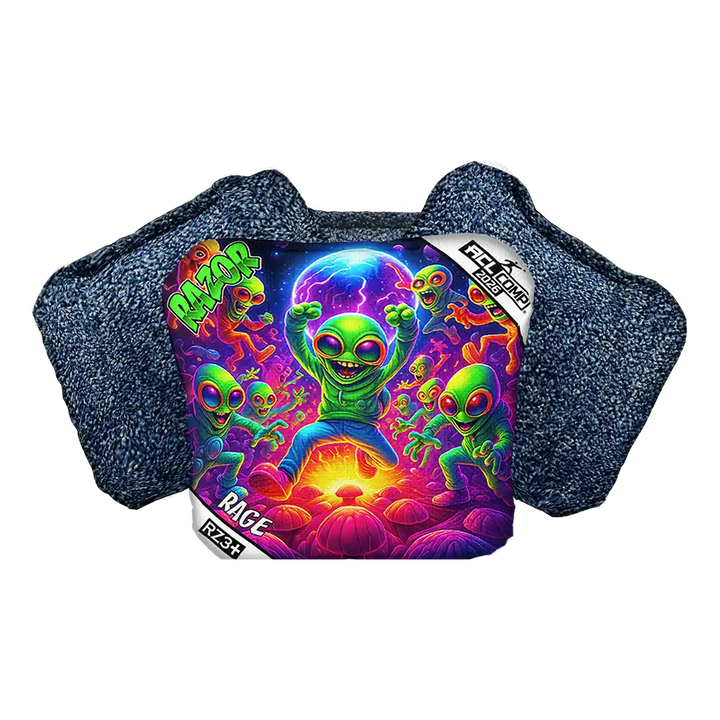 Colorful alien design on a cornhole bag packaging with 'RAZOR' branding.