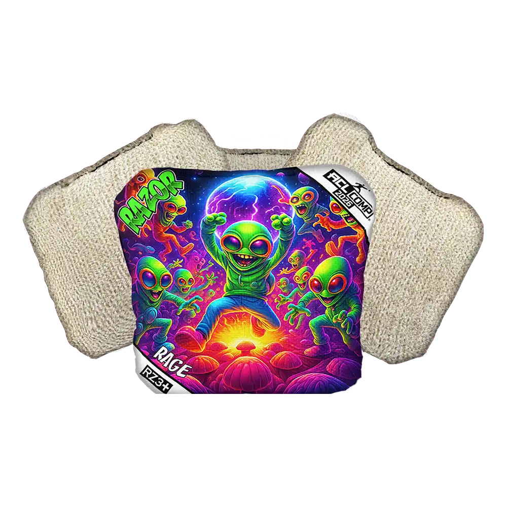 Cornhole bag with colorful alien design with 'RAZOR' branding.