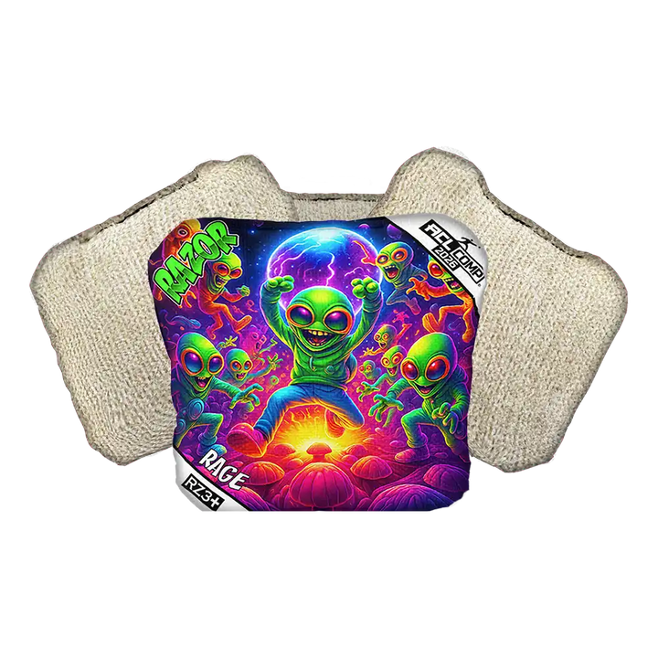 Cornhole bag with colorful alien design with 'RAZOR' branding.