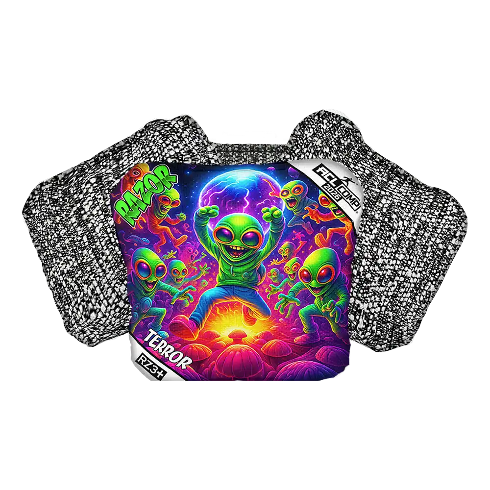 Cornhole bag with alien design and 'RAZOR TERROR' text on a white background