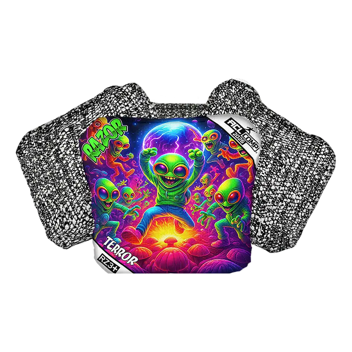 Cornhole bag with alien design and 'RAZOR TERROR' text on a white background