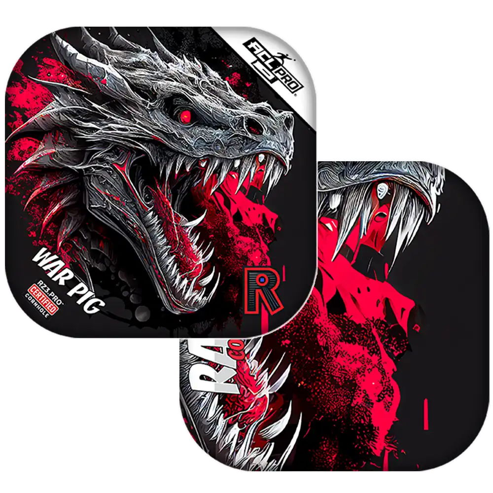 Dragon-themed Cornhole bags with red and black design on a white background