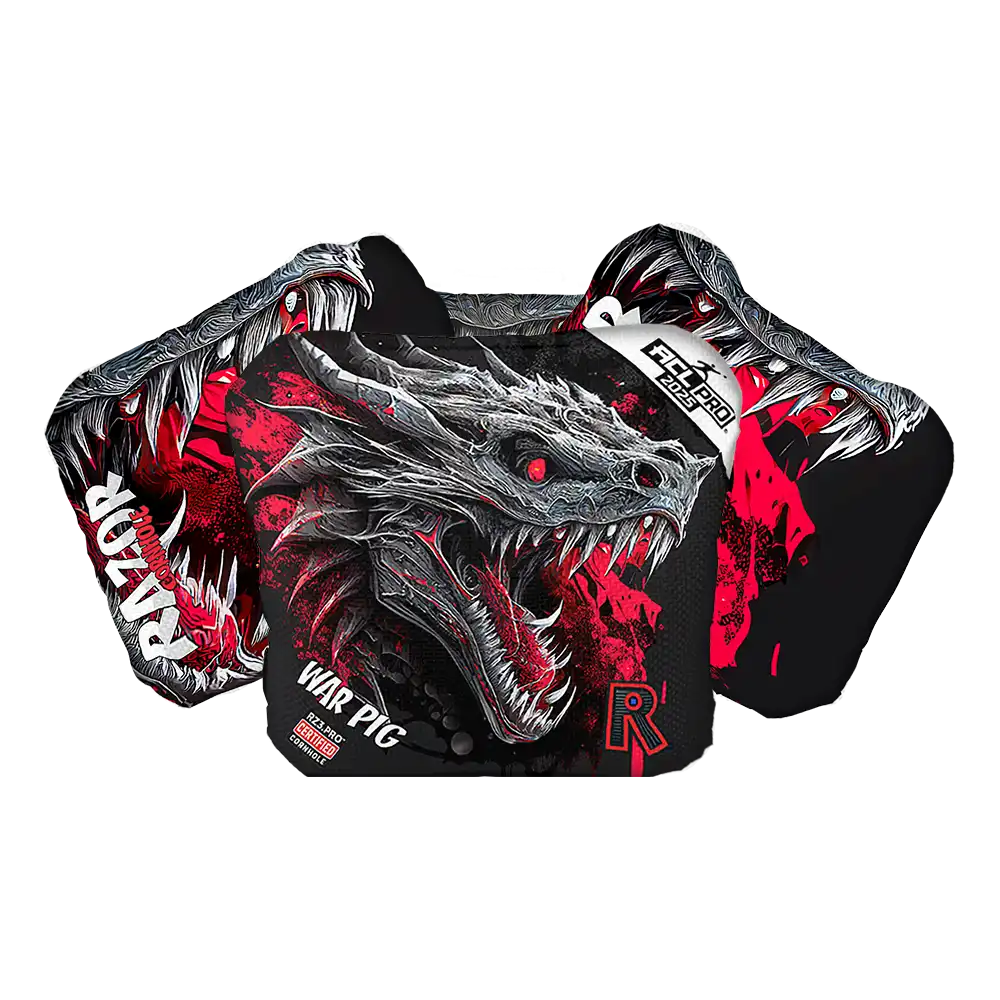 Black and red dragon-themed Cornhole bags with visible branding on a white background