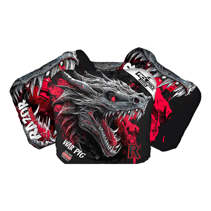 Black and red dragon-themed Cornhole bags with visible branding on a white background